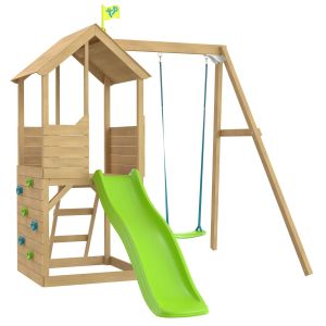 TP Treehouse Wooden Playhouse with Swing, Slide & Climbing Wall