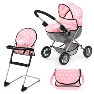 Bayer Dolls Cosy 3‑Piece Pram & High Chair Set – Foldable Doll Buggy